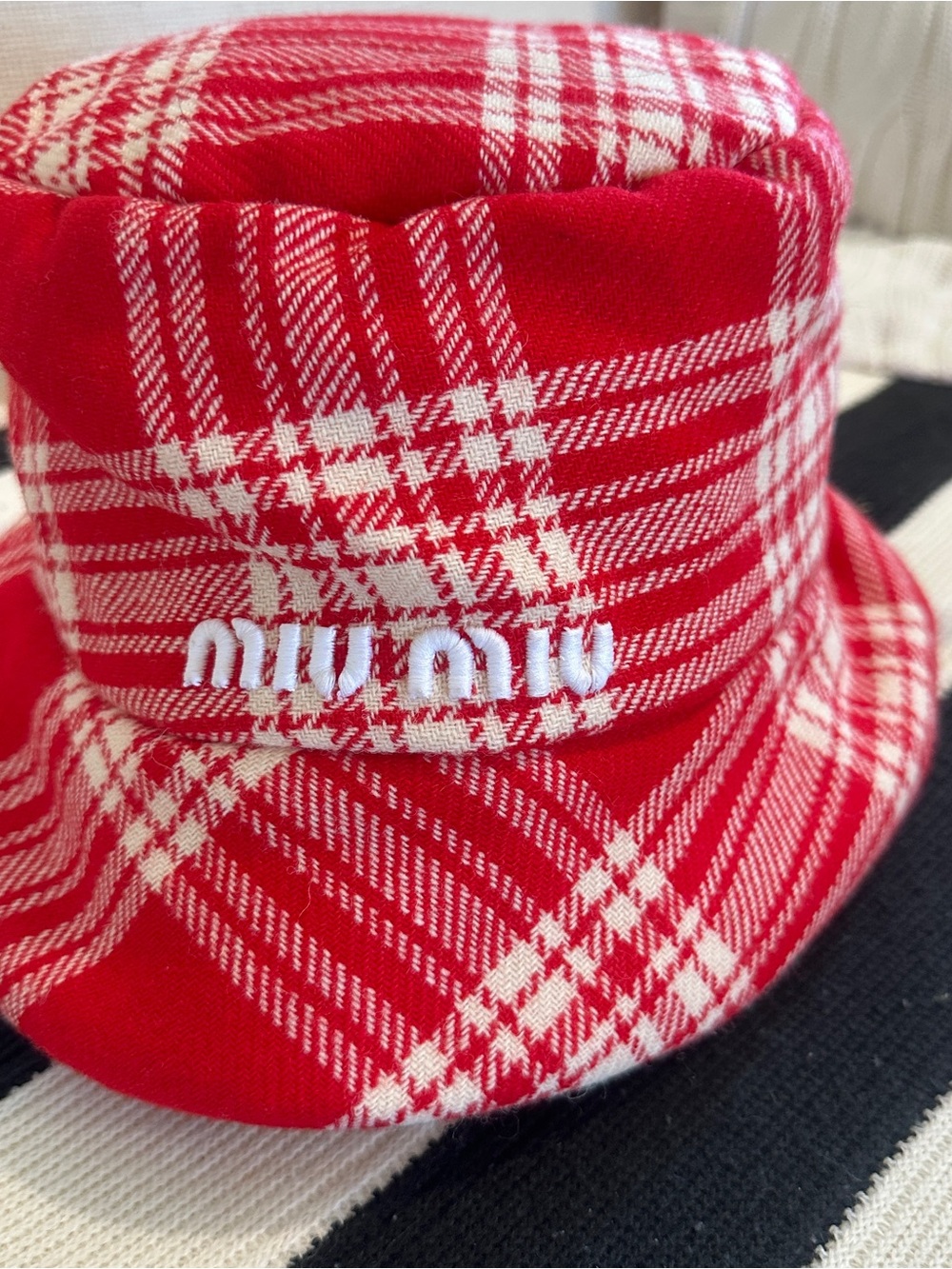 Miu Miu Red and White Plaid Kids Bucket Hat